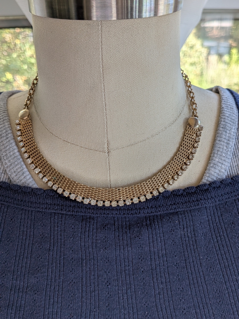 Vintage Gold Tone Mesh Rhinestone Choker Collar Necklace Hook Clasp 1950s
